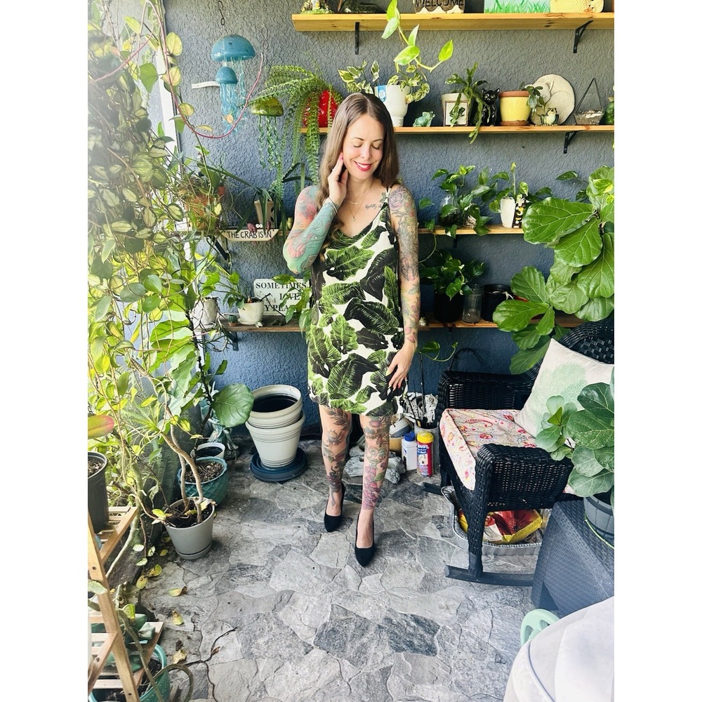 Topshop Green Tropical Palm‎ Leaf Pattern Mini Dress Vacation Petite 6